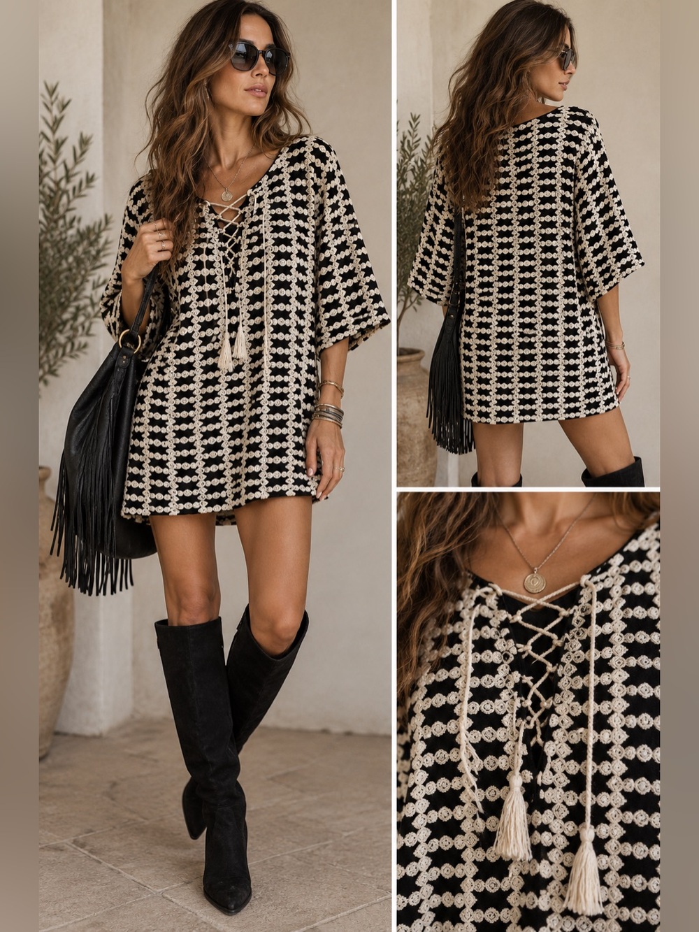 🖤 On-Trend FW2026🖤
Glam— Geometric Crochet, Boho, Lace-Up Neckline, Lined Dress